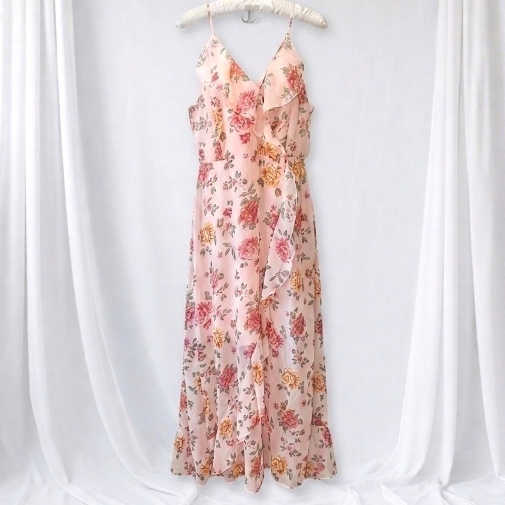Pink Floral Chiffon‎ Maxi Dress Juniors L 11/13 Ruffle Cottagecore Boho Fairy